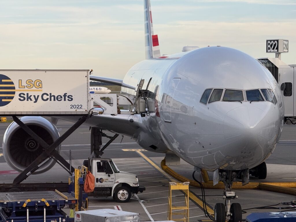 American Airlines Boeing 777-200 at gate in Boston