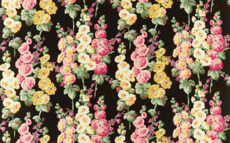 Hollyhocks fabric by Sanderson with black background and repeating pattern of a yellow, pink and cream hollyhock