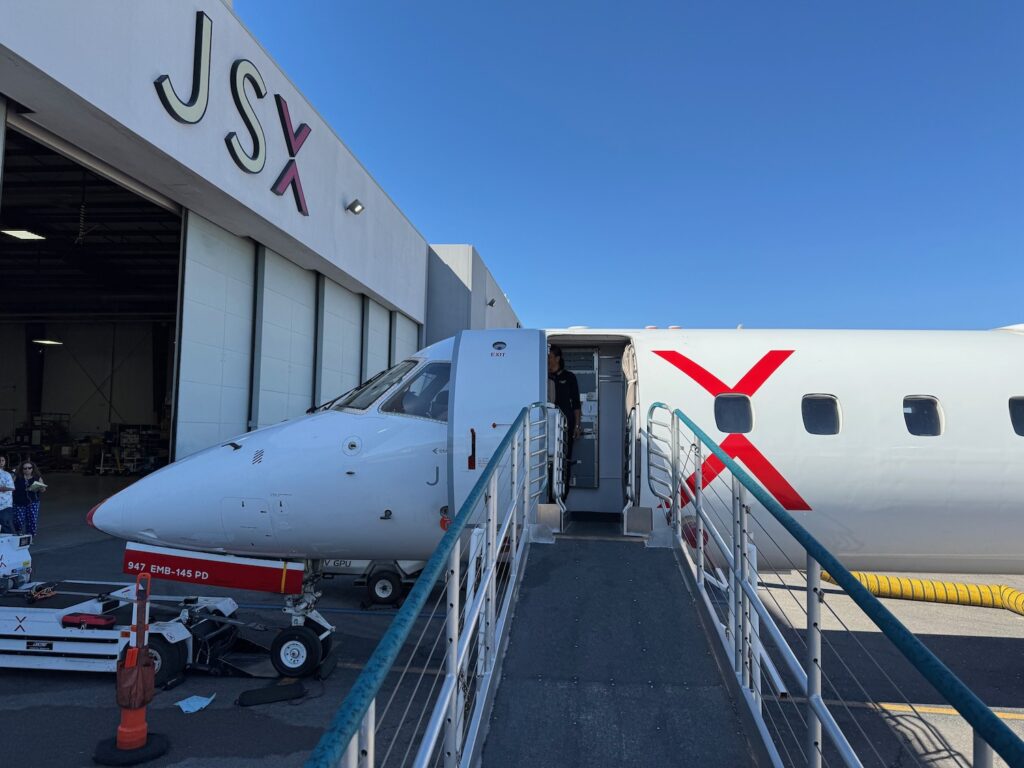 a plane with a ladder and a man standing in front of it