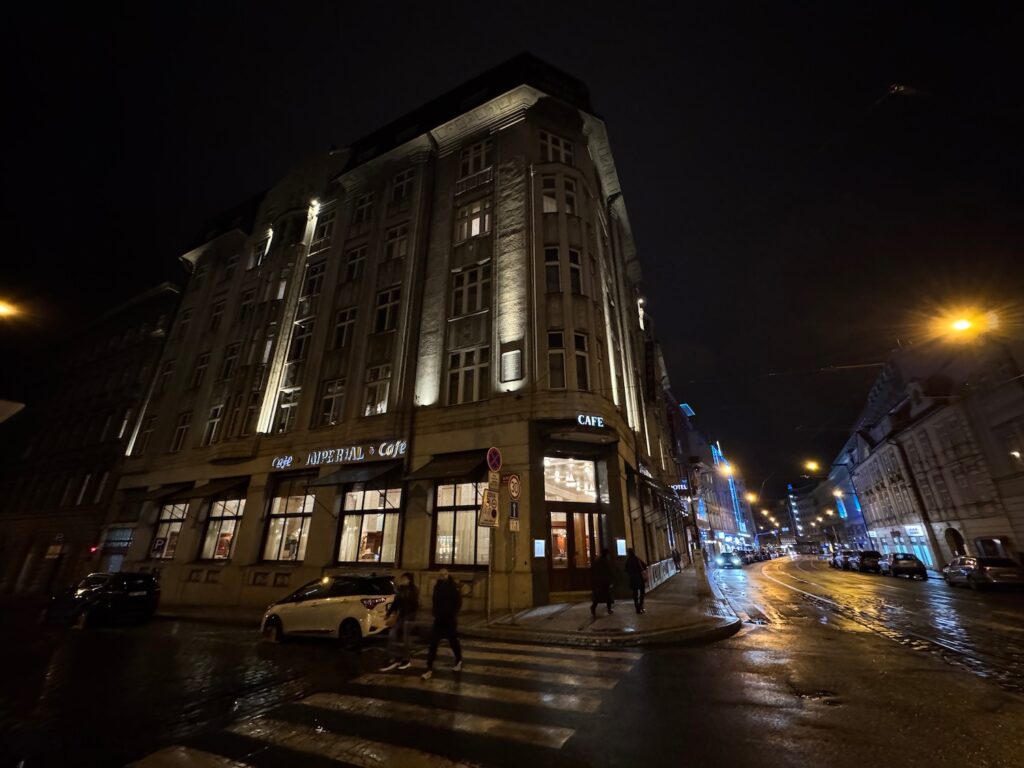 a building with lights on the side of it