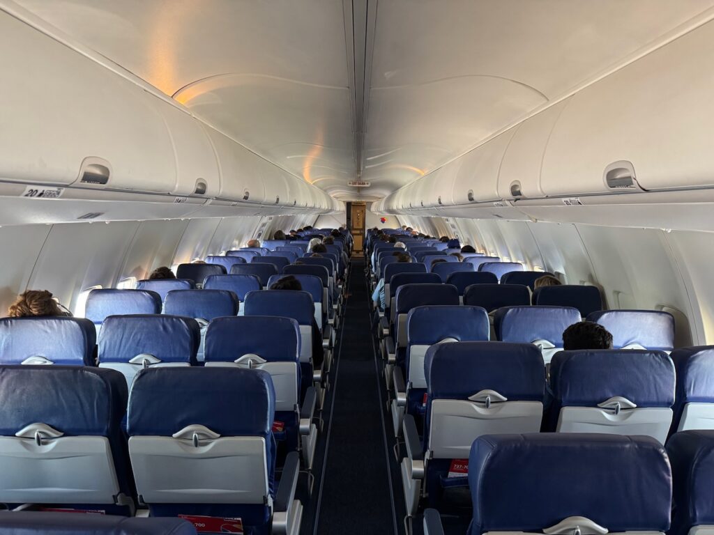 an airplane with blue seats