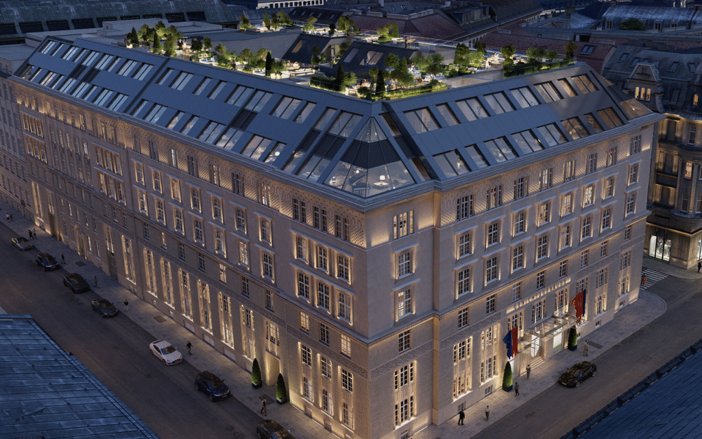 Mandarin Oriental sets a date for Vienna night view of facade of Mandarin Oriental Vienna with lighting on rooftop terrace
