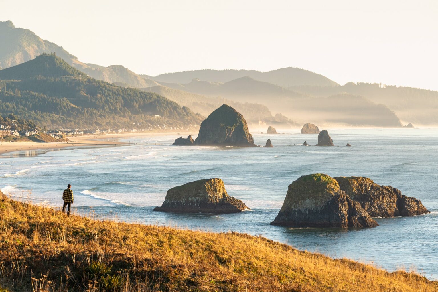 Man looking at view, Ecola State Park, Cannon Beach, Oregon, USA.