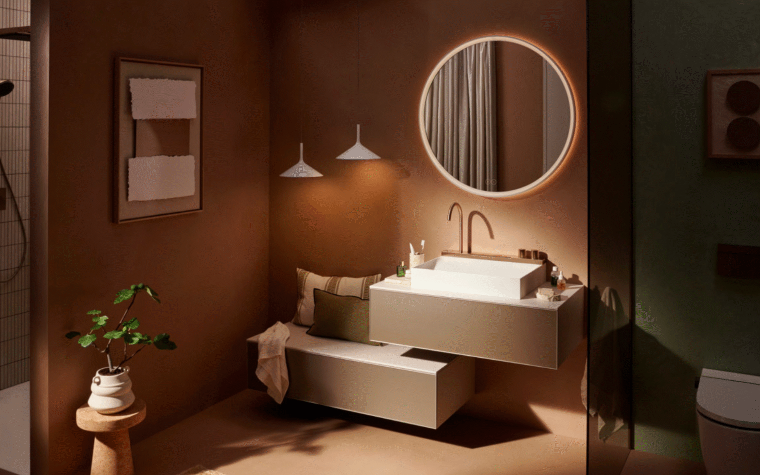 The latest icons from hansgrohe Tonal brown hued bathroom with new bathroom innovations from hansgrohe