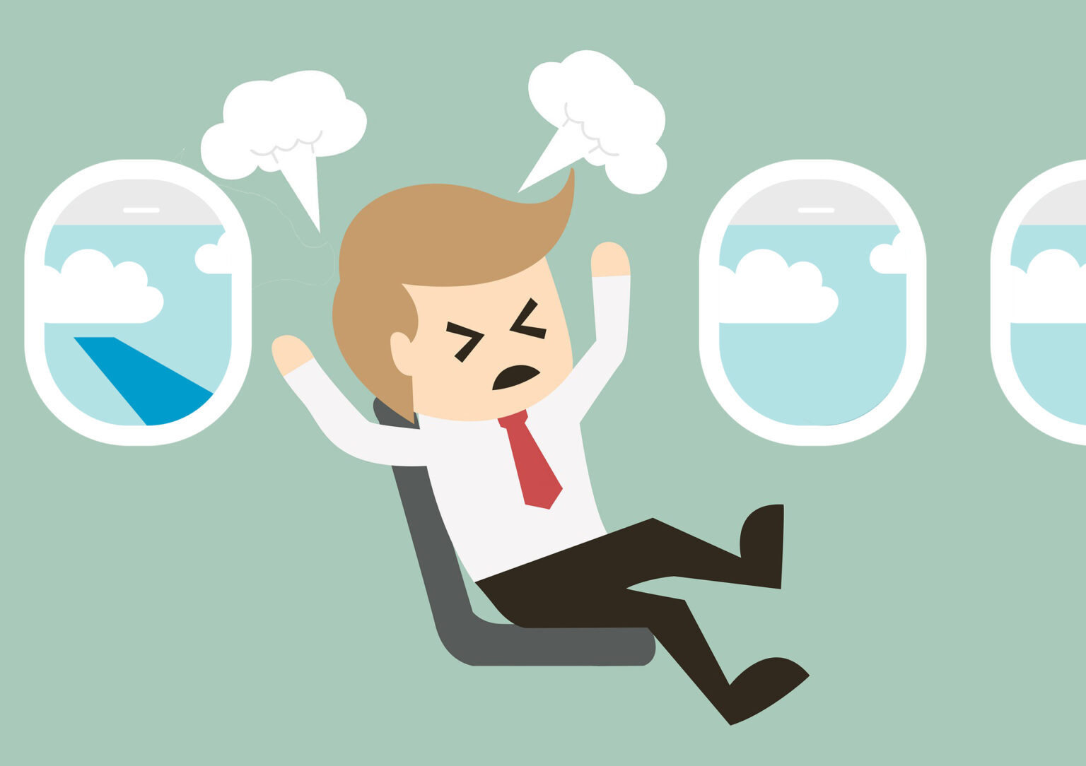 Frustrated businessman in airplane seat with clouds and blue sky visible through windows, illustrating discomfort with children in first class.