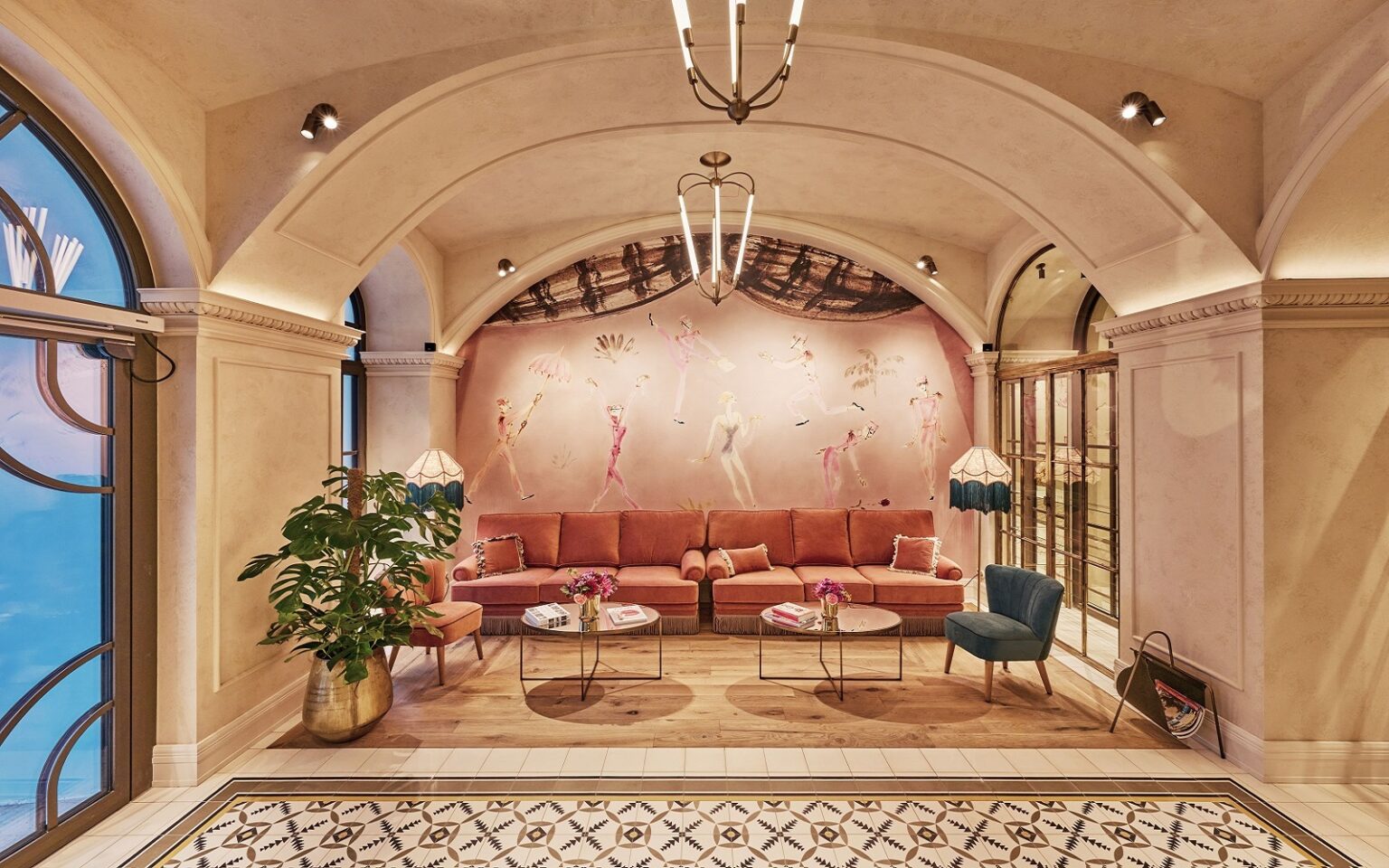 Hotel MOTTO – art and design in the heart of Vienna Hotel Motto in Vienna couch in alcove with mural in the LobbyReception (c) Oliver Jiszda