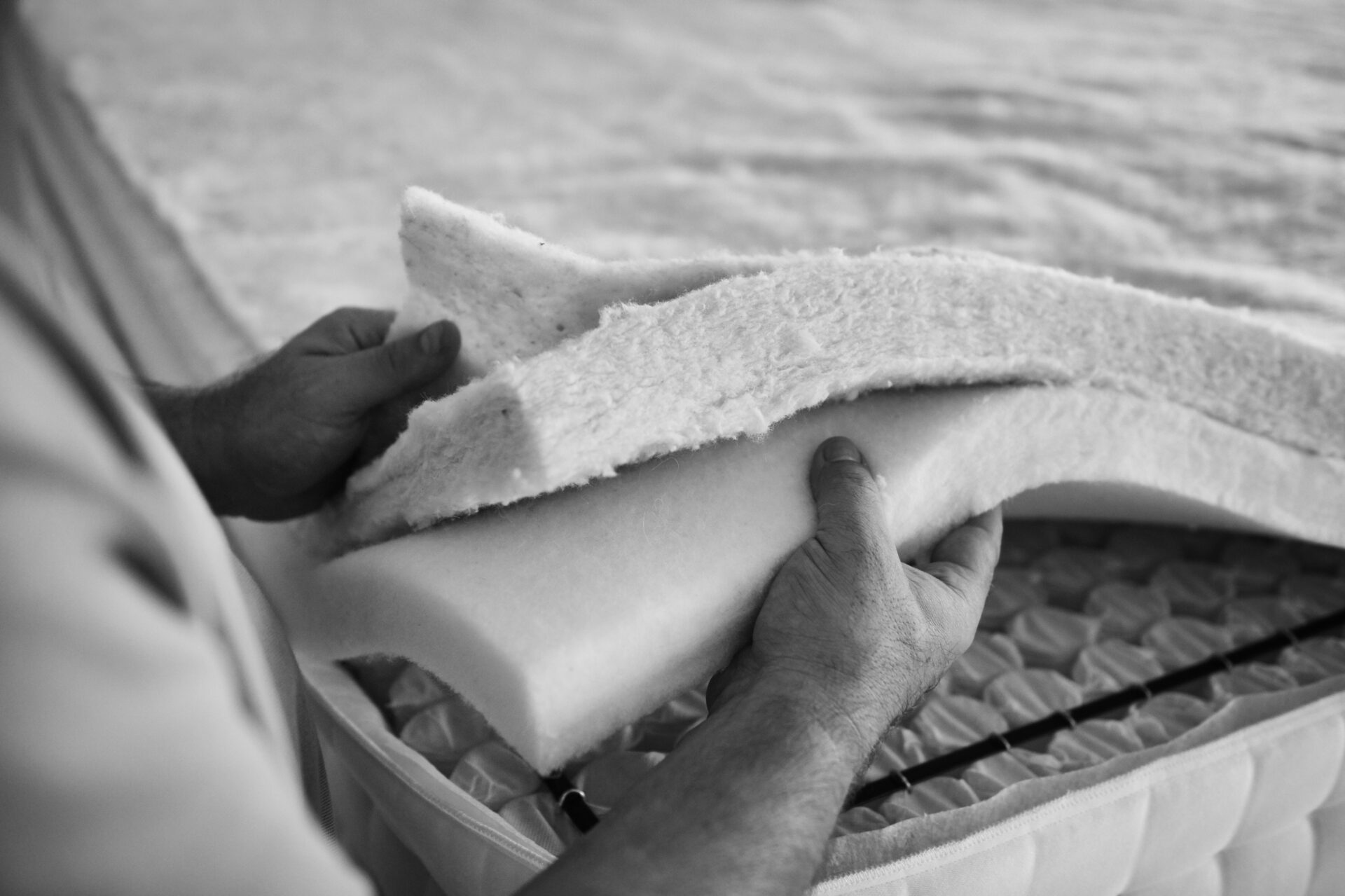 Black and white image of the layers of materials within a mattress