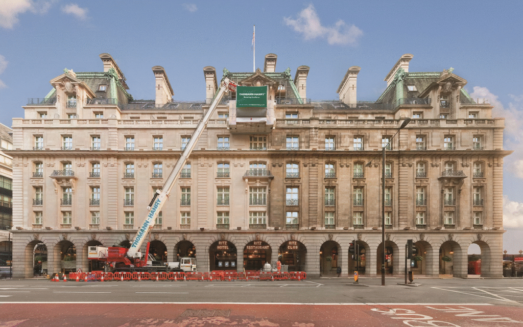Five-star service from Thomann-Hanry the ritz facade being cleaned by Thomann-Hanry with MEWPs (Mobile Elevating Work Platforms) in place
