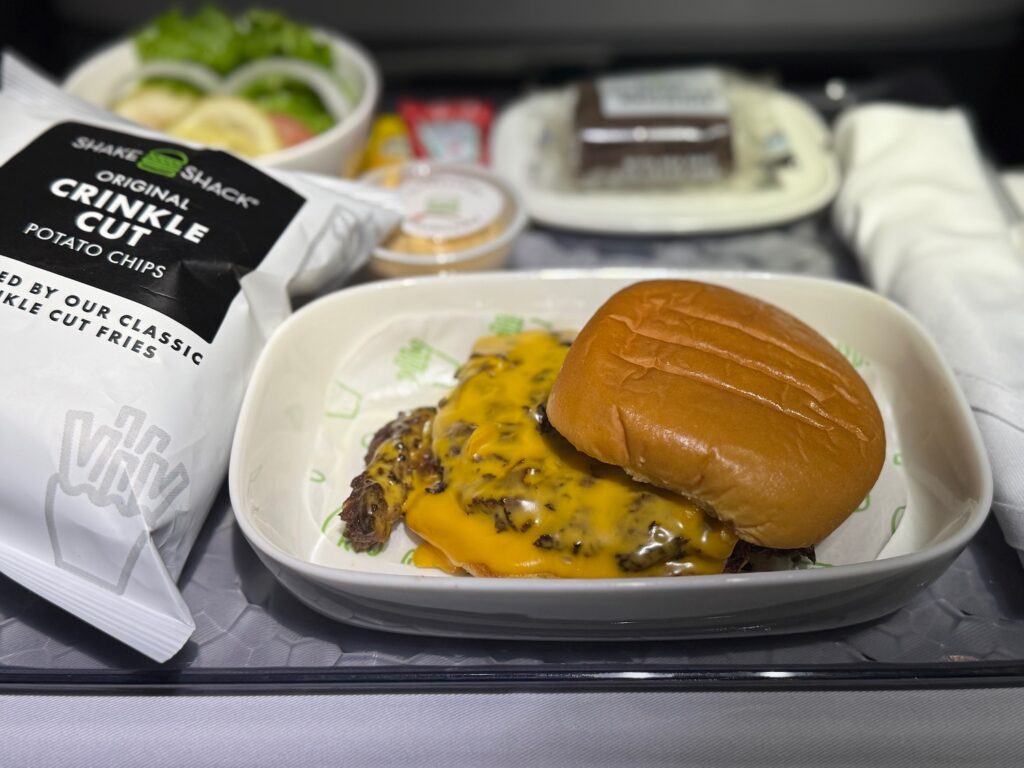 Epic: Shake Shack Cheeseburger On Delta Air Lines a plate of food on a tray