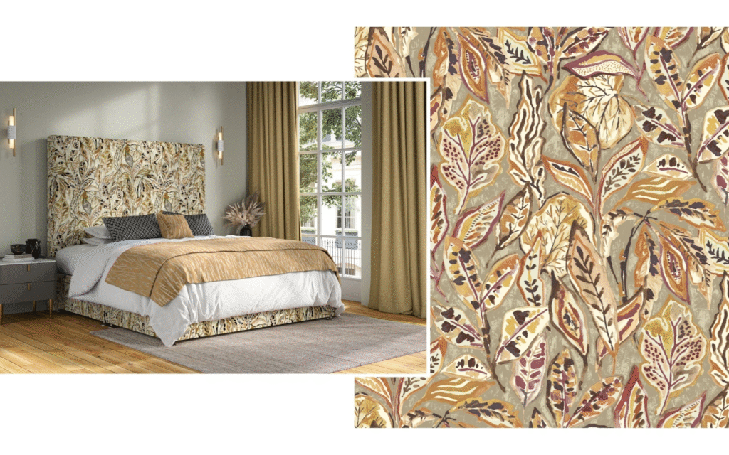The Edmund Bell fabrics defining the bed Habitat Nutmeg print from Edmund Bell Hacienda print collection.