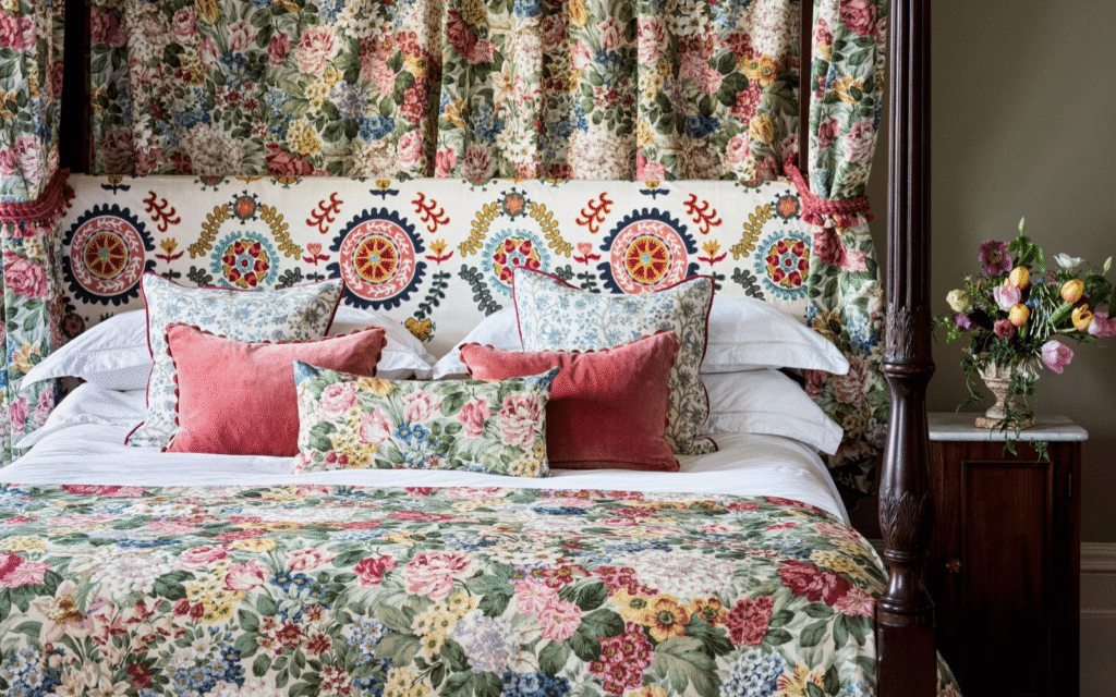 Highgrove by Sanderson: inspired by Royal Gardens – perfect for beds! Bedroom styled with Sanderson Highgrove fabrics and canopy bed