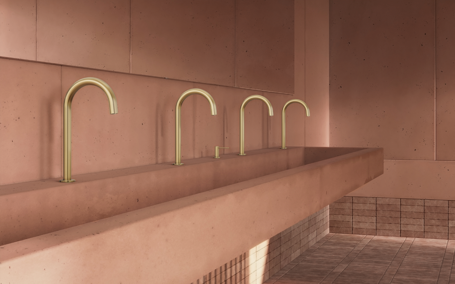 Design-led fixtures, boutique sophistication – ABI Interiors ABI Interiors brass taps in pink terracotta bathroom