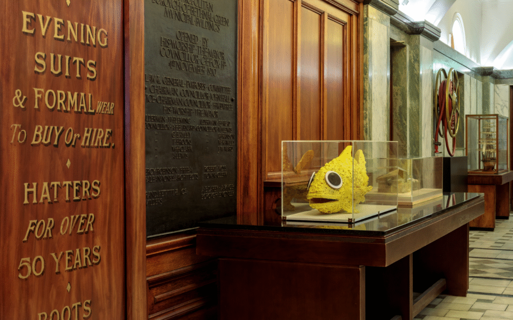 Hotel review: Town Hall Hotel – a successful coalition Yellow fish art in Edwardian lobby of Town Hall Hotel