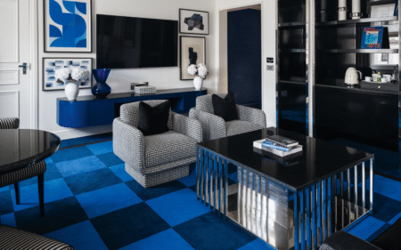 New suite design at Sofitel London St James, blue chequered carpet with mirrored accents