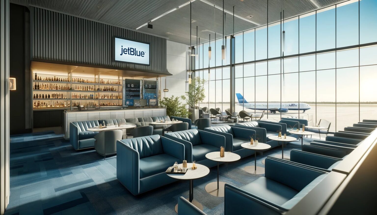 JetBlue Will Open Posh Airport Lounges In New York + Boston JetBlue lounge interior featuring modern seating, a bar with a variety of beverages, large windows overlooking an airplane on the tarmac, and a stylish, inviting atmosphere.