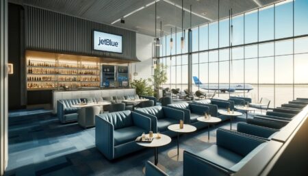 JetBlue lounge interior featuring modern seating, a bar with a variety of beverages, large windows overlooking an airplane on the tarmac, and a stylish, inviting atmosphere.