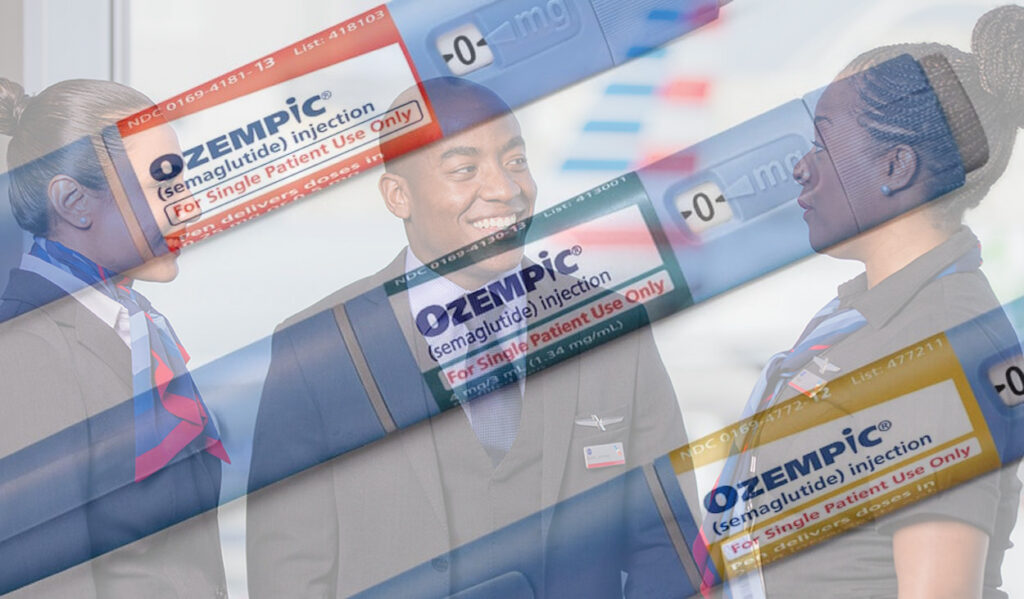 American Airlines Drops Ozempic Coverage, Flight Attendants Push Back a group of people looking at a medical sticker