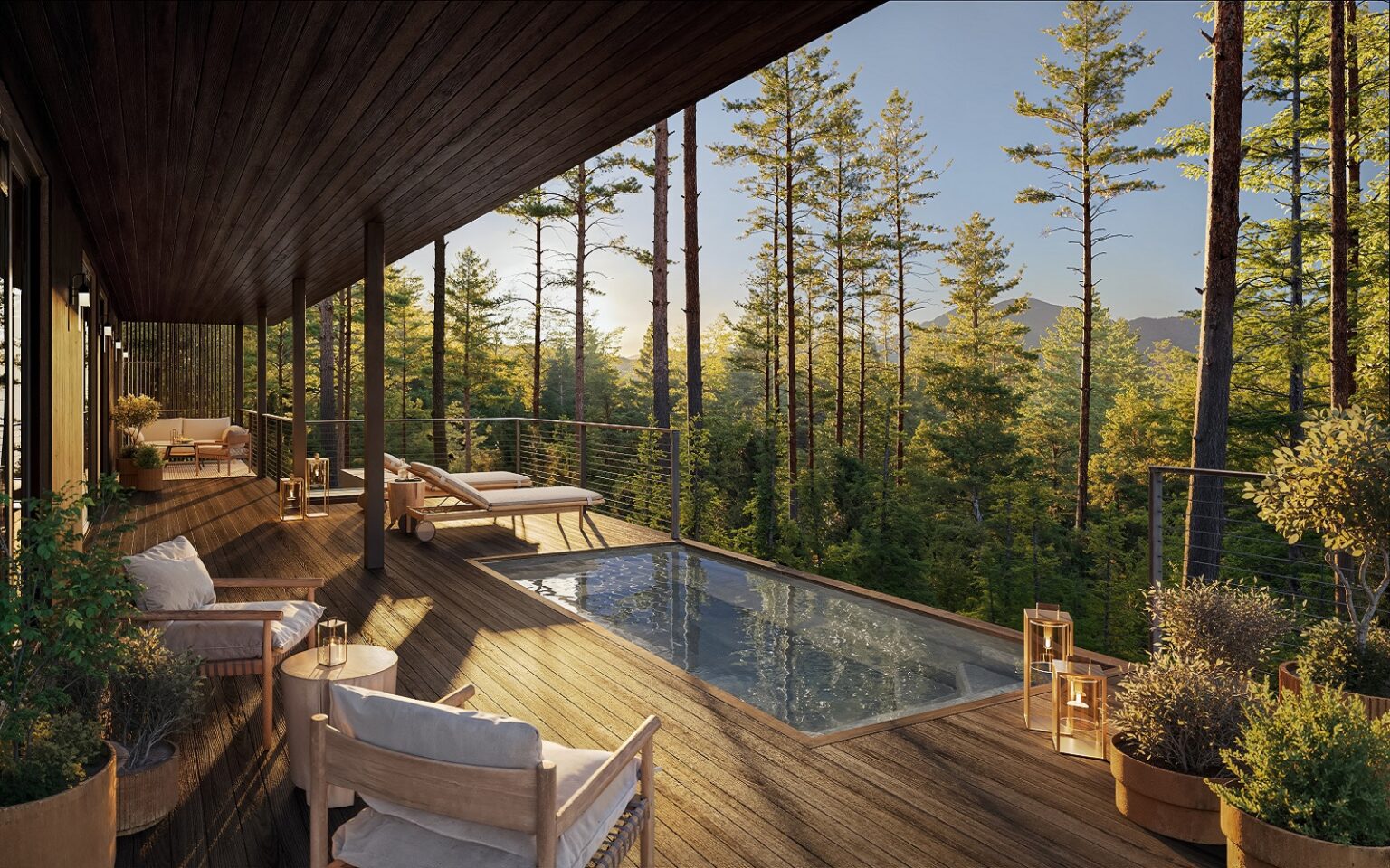Rosewood Hotels & Resorts is putting down roots in Napa Valley wooden deck, swimming pool in forested location Rosewood Residences Napa Valley