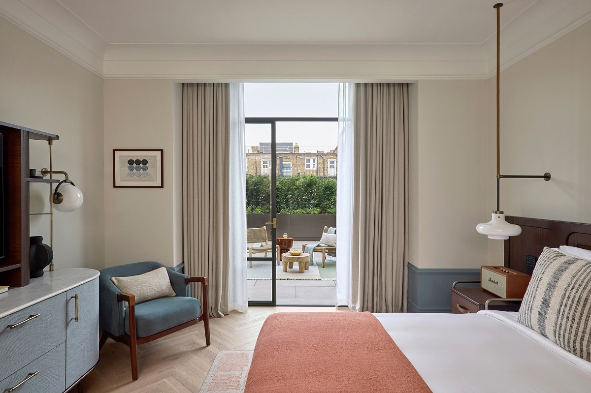 Six Senses London terrace and guestroom with city view