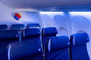 a blue seats in an airplane