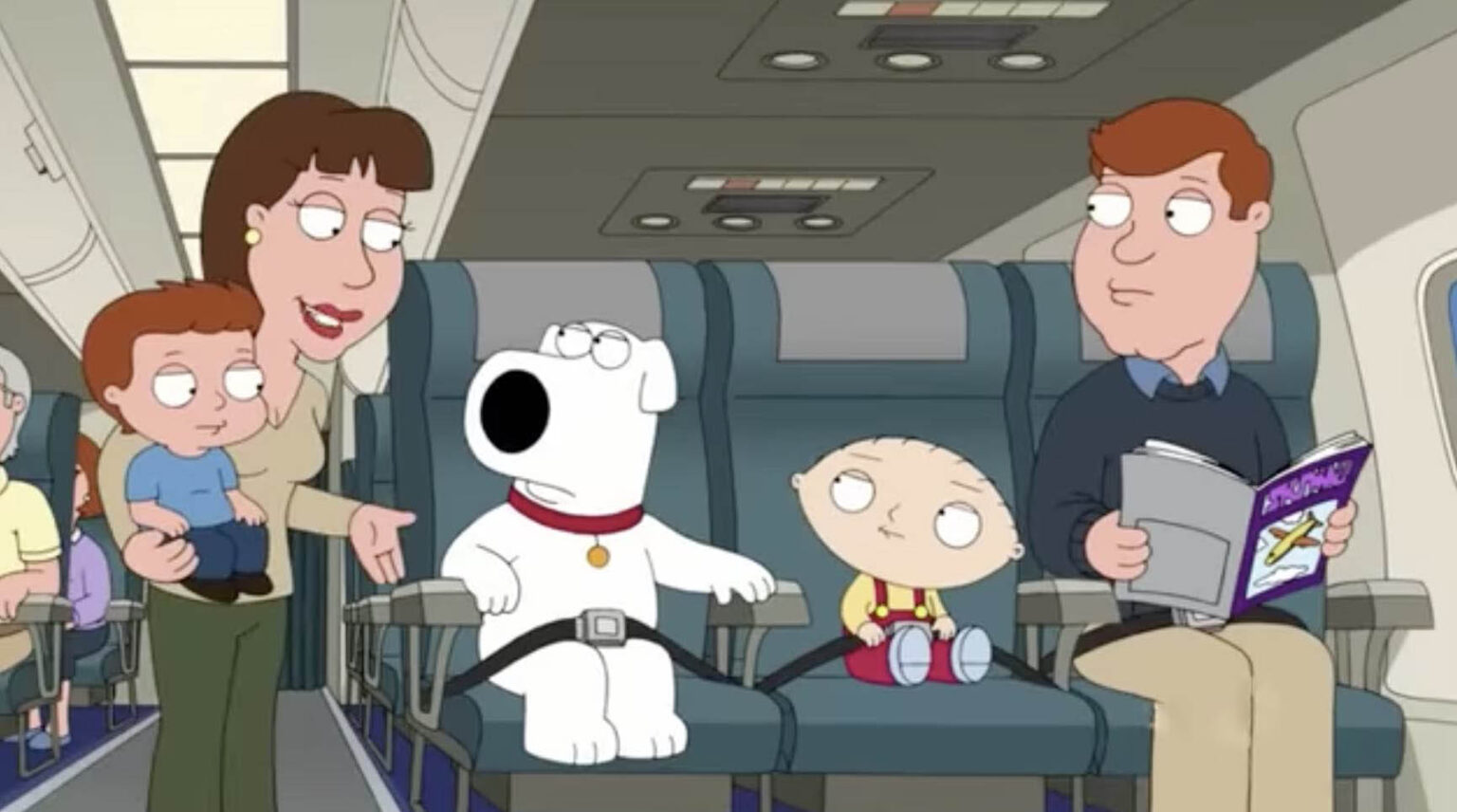Family Guy Teaches Us How To Decline A Seat Change Request cartoon characters sitting on an airplane
