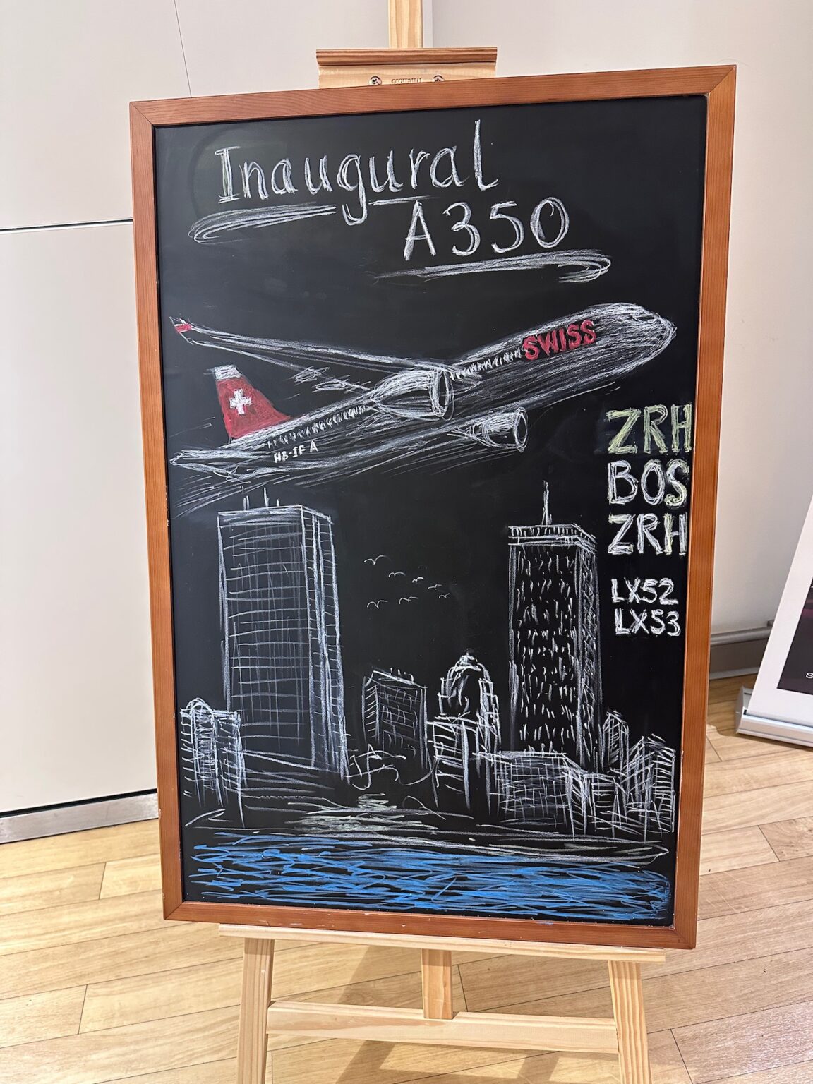 a chalkboard with a drawing of an airplane and cityscape
