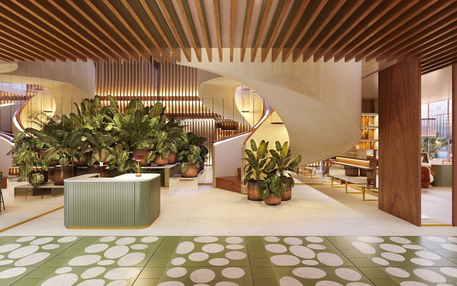 green tiles, wood ceiling and green plants in the lobby of ME Málaga