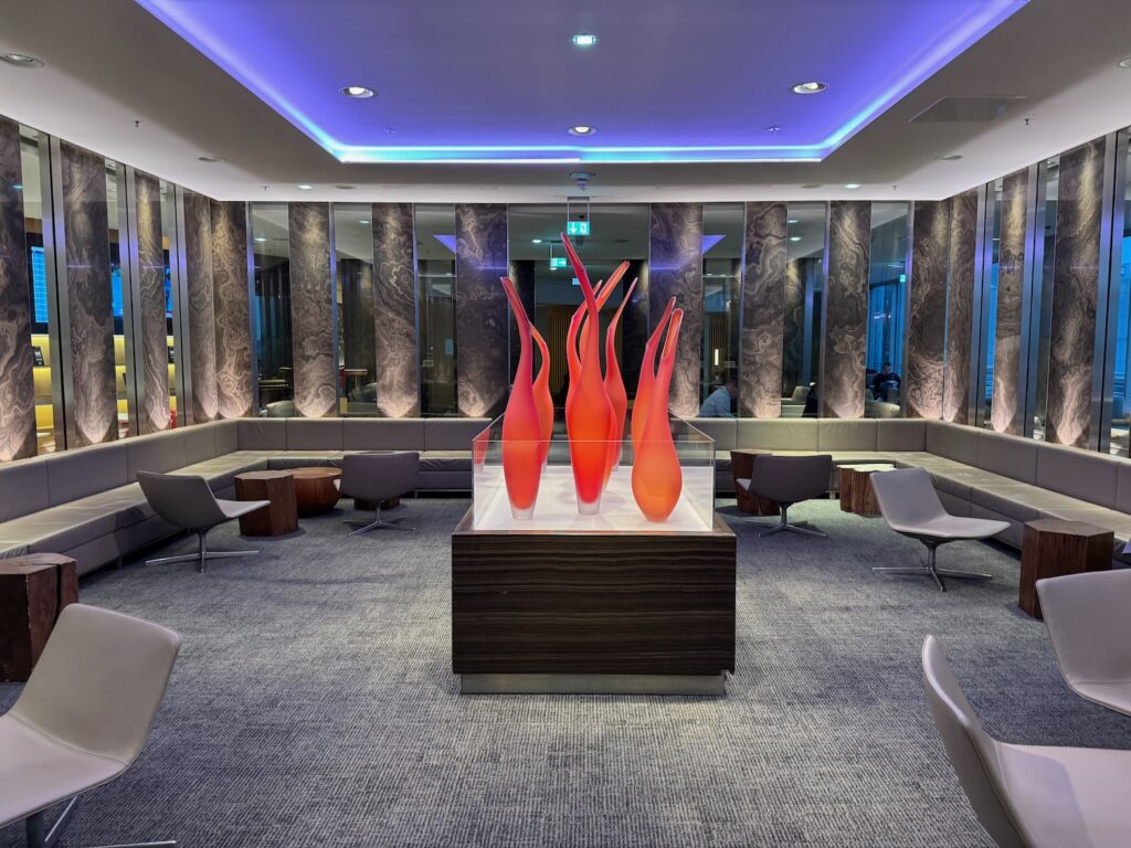 a room with a sign and a door