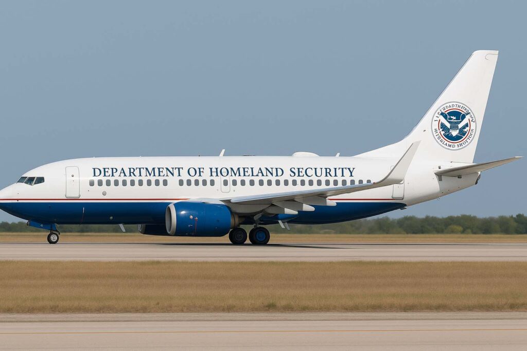 DHS Will Fly Its Own Boeing 737 Fleet To Deport People From The United States a white and blue airplane on a runway