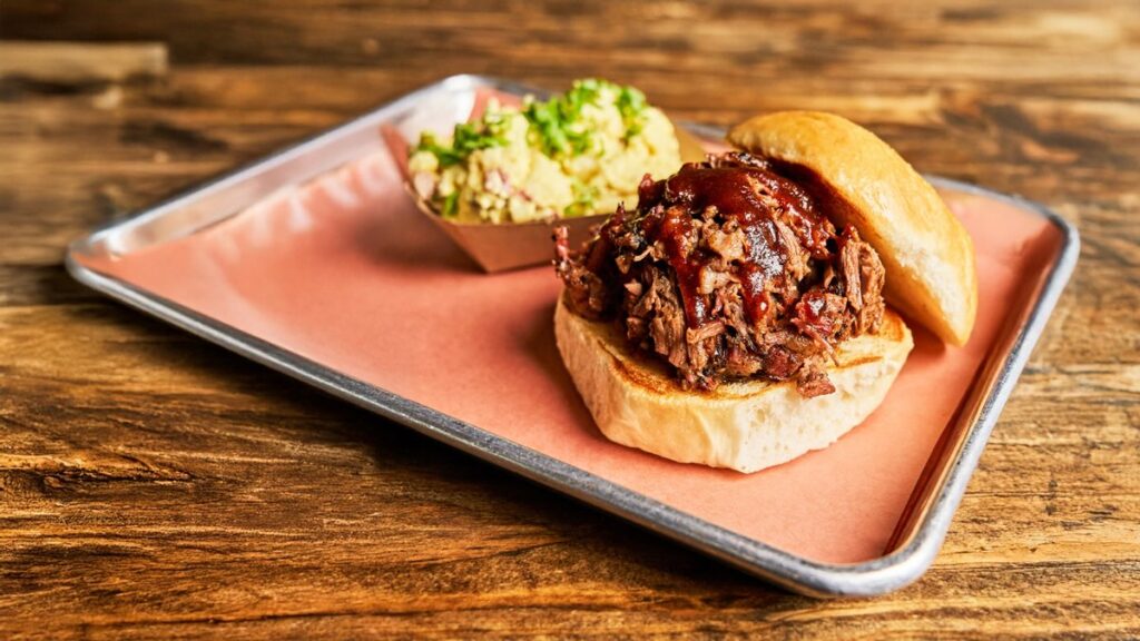 a plate of food on a tray
