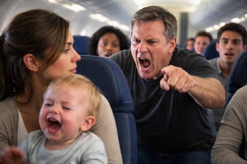 a man pointing at a crying child