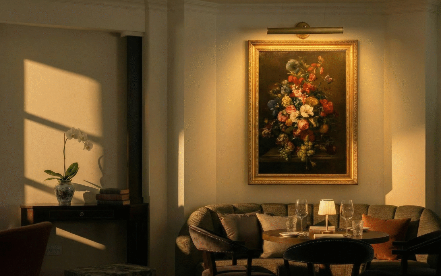 Mullan Lighting Cambridge wall light illuminating a floral oil painting on a wall above a sofa