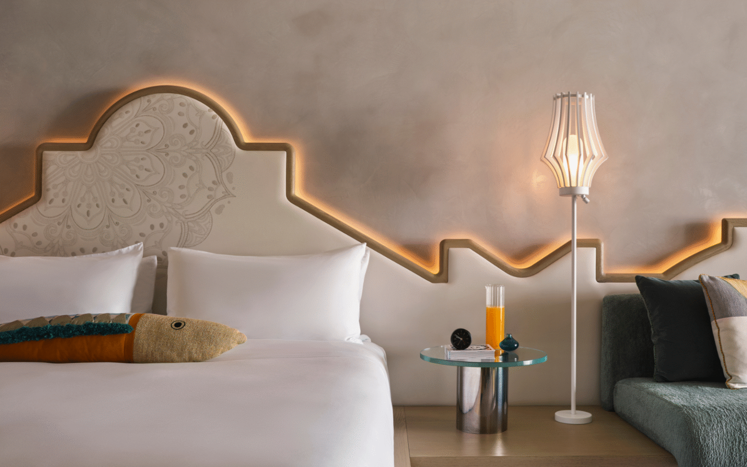 Backlit geometric shaped headboard at W Algarve designed by AB Concept