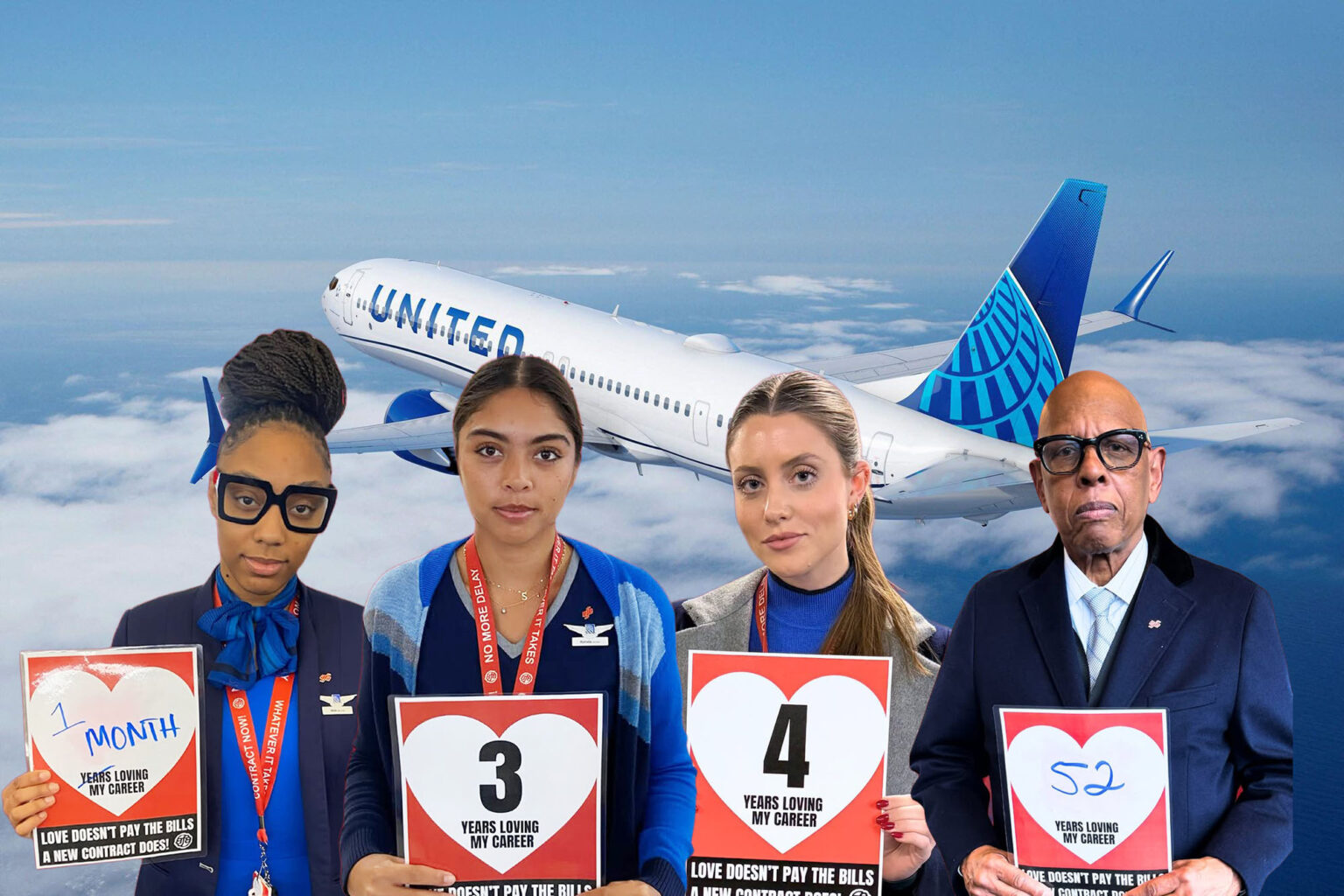 United Airlines Pushes To Close “Significant Gaps” As Flight Attendant Talks Enter Critical Phase a group of people holding signs in front of an airplane