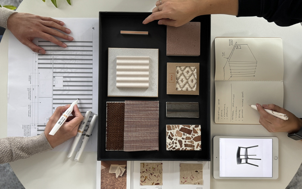 LOM appoints Chiara Cantilena as Head of Interiors moodboard and design sketches on the table in LOM studio
