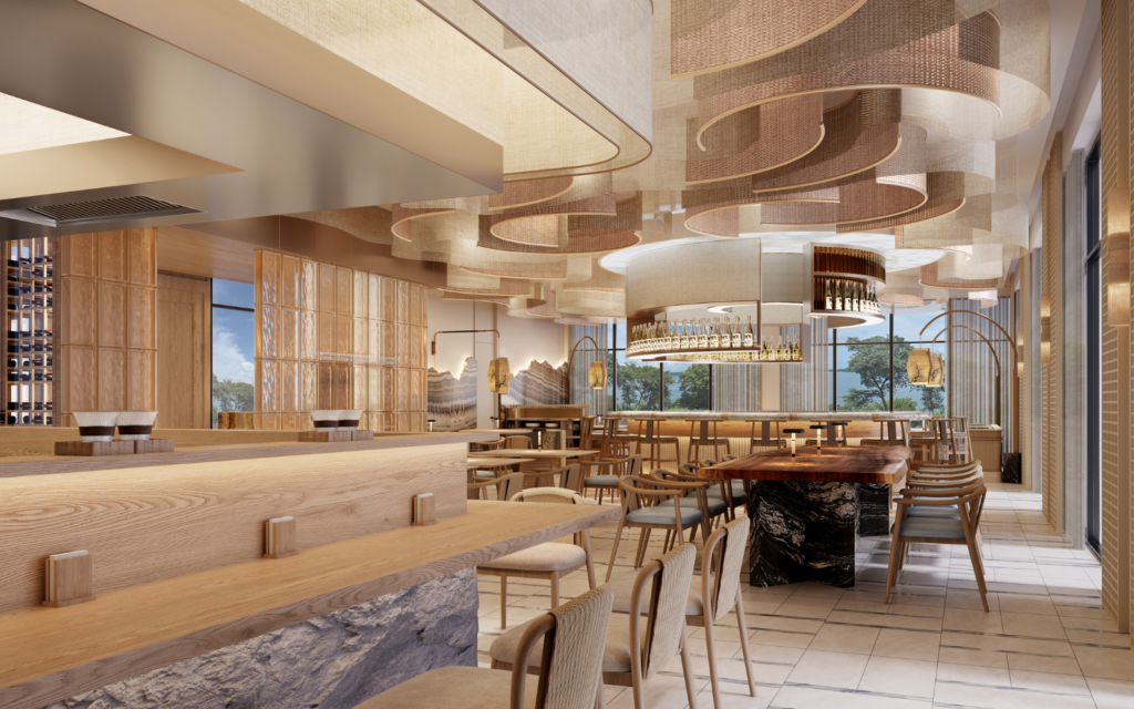 Render of restaurant space at The St Regis Papagayo Resort in Costa Rica, with pale wood