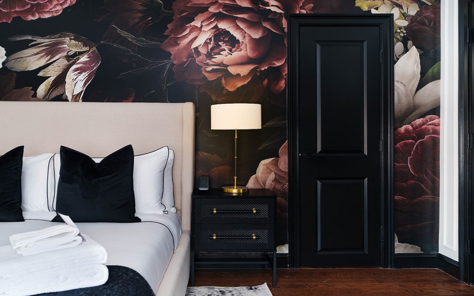 dark oversized floral wallpaper in Garden-Gables_Guest-Rooms_