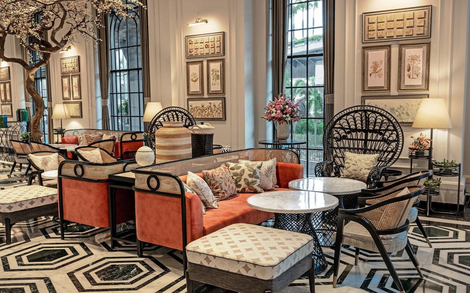 orange couch and patterned floor in Fairmont Mumbai