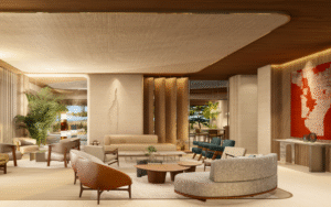 render of hotel lobby in the transformation of Sofitel Rio de Janeiro Ipanema into the brand’s first flagship hotel in Brazil