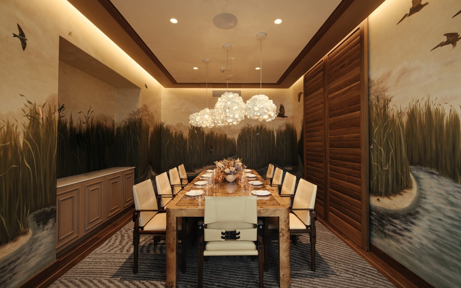 The Crossing – a restaurant designed to reflect the natural beauty of its setting private dining room in The Crossing restaurant which features an immersive custom mural created by Lonesome Pictopia