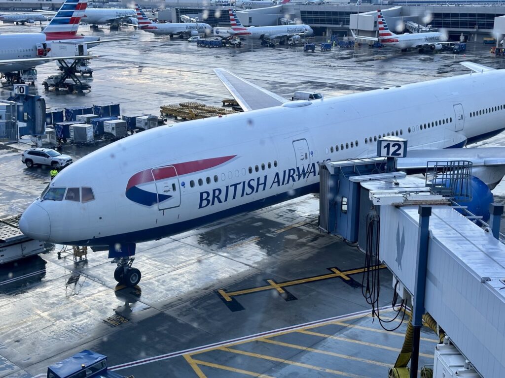 British Airways Boeing 777-300ER at gate in New York JFK close up