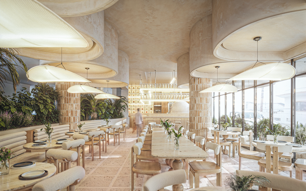 Evelina – a serene setting where flour, fire and time take shape Designed as a feminine, fresh, and refined interior, Evelina transforms a busy corner of the Zona Romántica into a clear canvas defined by gentle curves
