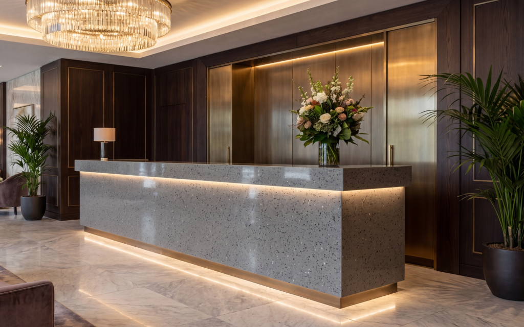 In conversation with: Velstone – hotel projects demand more than just a product Solid surface worktop from Velstone in hotel Cosmic Asher