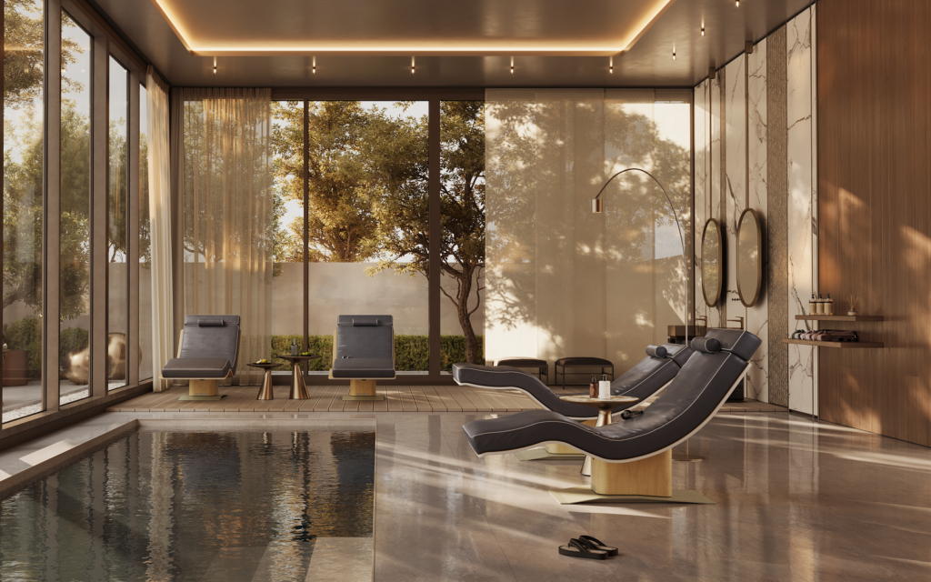 Harmony Lounge: the future of spa relaxation harmony lounge by Lemi next to indoor spa pool