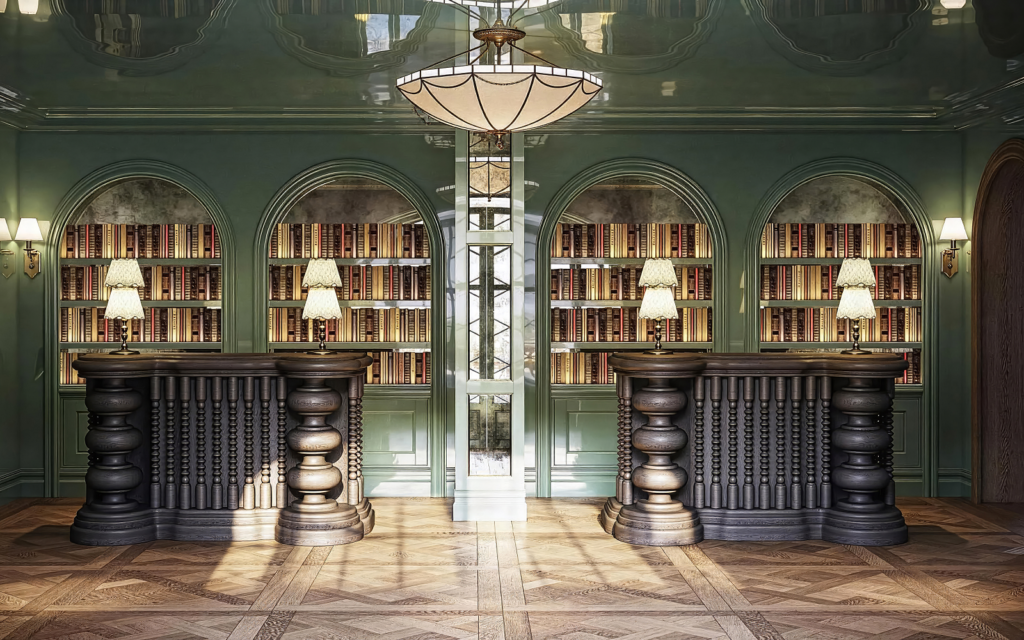 Sneak peek – Fairmont Cheshire, The Mere lobby with bookshelves behind reception desks and centred feature light in Fairmont Cheshire, The Mere