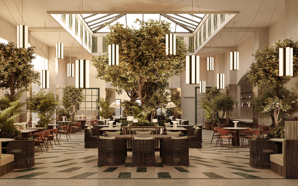 CORI Hornbæk Hotel – a new expression of coastal luxury on the Copenhagen Riviera central double volume atrium and dining space with tree in the middle - CORI Hornbæk Hotel