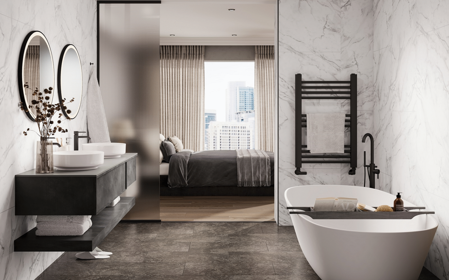 Designing the modern hotel bathroom – where aesthetics meet performance Crystal Marble Offset Tile Hotel room Grant WEstfield surfaces