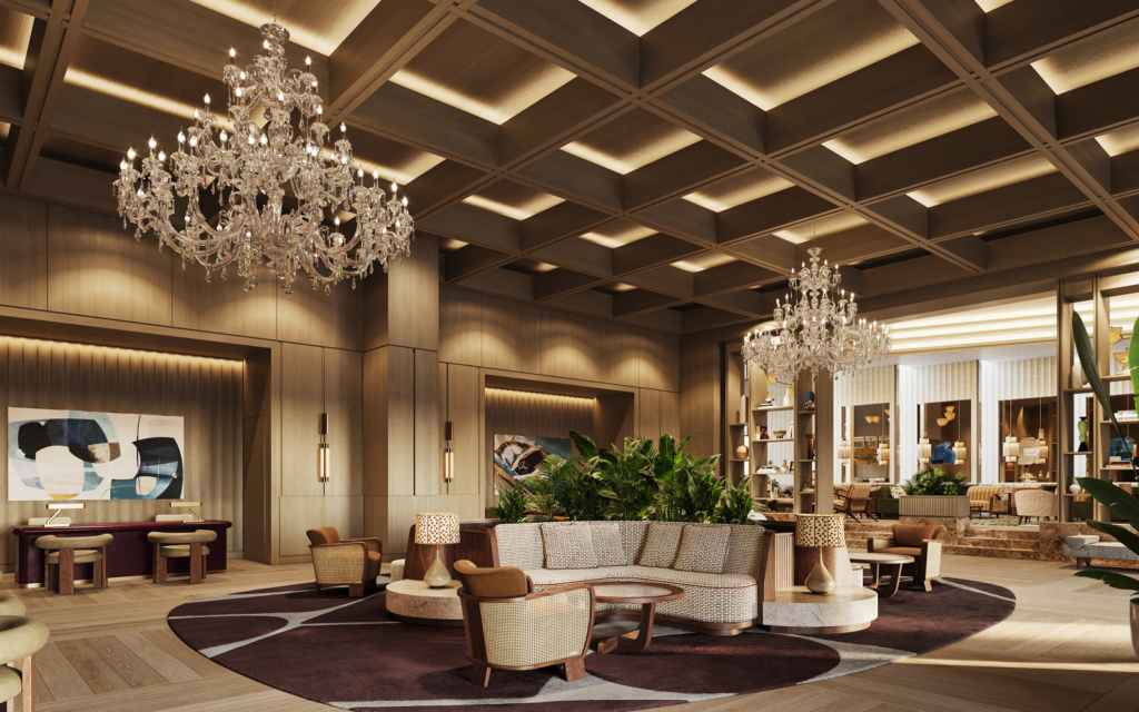 The Hari Hotels join IHG’s Vignette Collection coffered ceiling and chandelier in The Hari Singapore