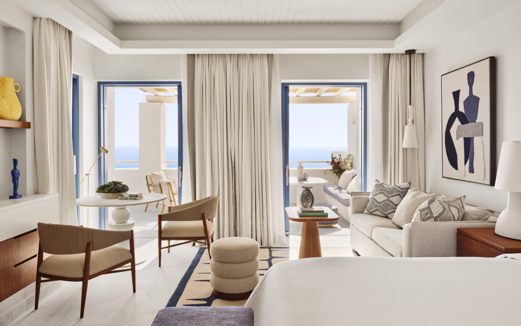 Four Seasons Hotel Mykonos – blending timeless luxury with the spirit of the island Four Seasons Mykonos - suite with view onto terrace and sea