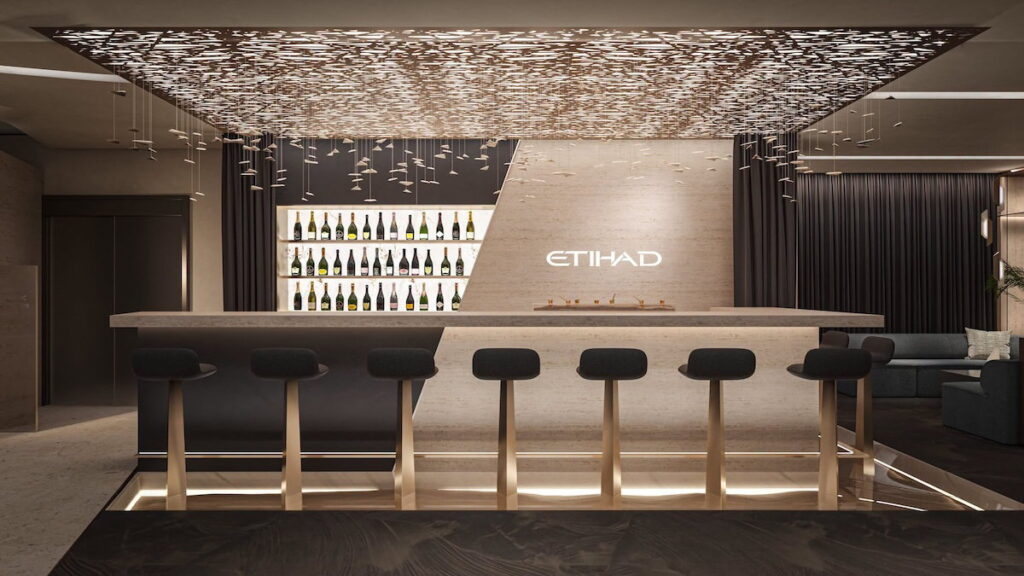 Etihad Airways Unveils New Lounge Design Concept, Plans To Expand Lounge Network Rendering of the bar area in the new Etihad lounge at London Heathrow